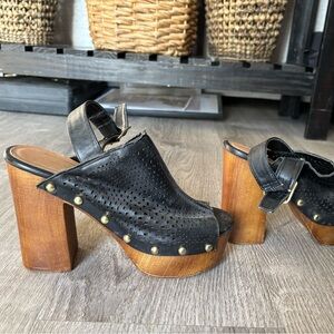 Cupid Black Perforated Leather Mules with Wooden Heel